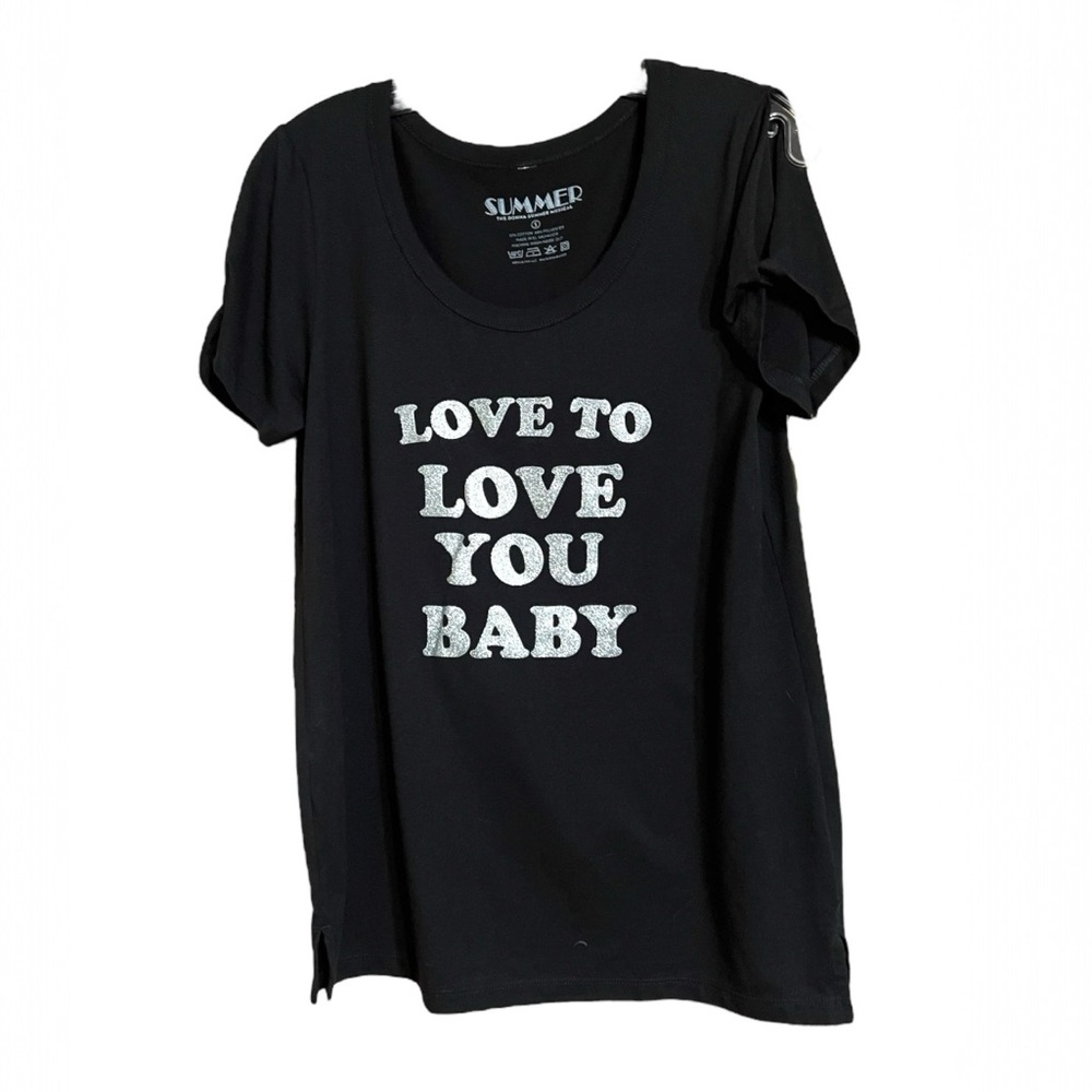 Donna Summer Black T Shirt Love To Love You Cold Shoulder Sz S EUC